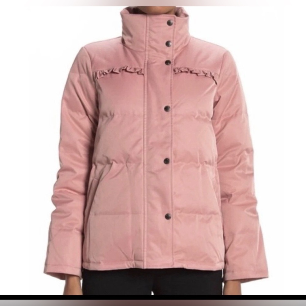 Kate Spade Ruffle Yoke Puffer Jacket in the color Faded Peony